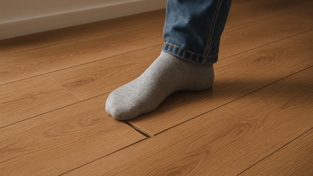 Obraz pokazujący realistyczne, zbliżone ujęcie stopy w szarej skarpetce, należącej do osoby ubranej w niebieskie dżinsy, stojącej na drewnianej podłodze z paneli