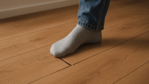 Obraz pokazujący realistyczne, zbliżone ujęcie stopy w szarej skarpetce, należącej do osoby ubranej w niebieskie dżinsy, stojącej na drewnianej podłodze z paneli