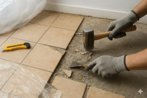 Obraz pokazujący dwie ręce w szarych rękawicach roboczych usuwające stare płytki podłogowe w pomieszczeniu