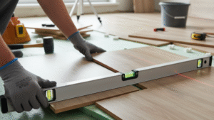 Obraz pokazujący zbliżenie na podłogę w trakcie przygotowywania podłoża pod panele lub oceny jego nierówności