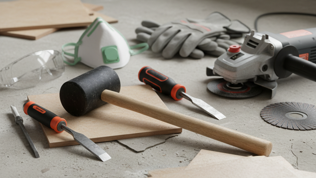 Obraz pokazujący realistyczną scenę usuwania płytek ceramicznych z podłogi podczas prac remontowych