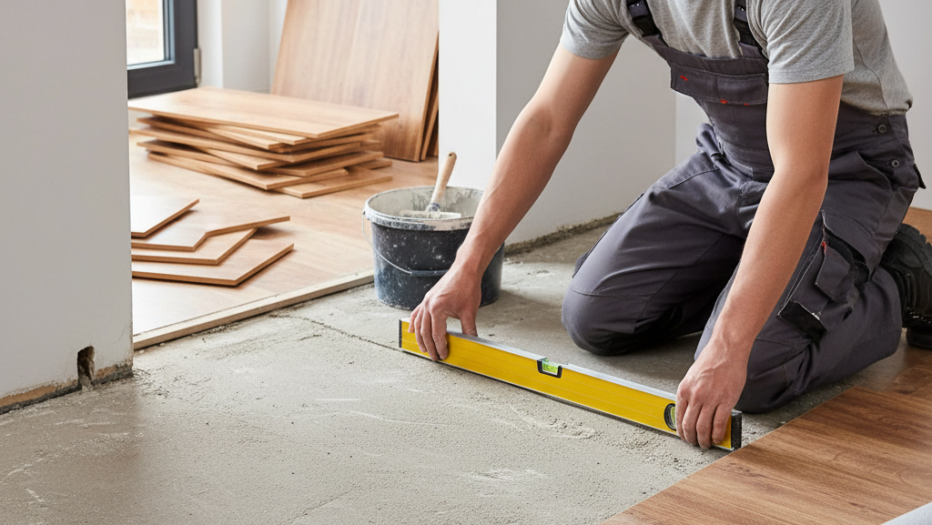Obraz pokazujący osobę klęczącą na podłodze, wykonującą prace związane z układaniem paneli podłogowych