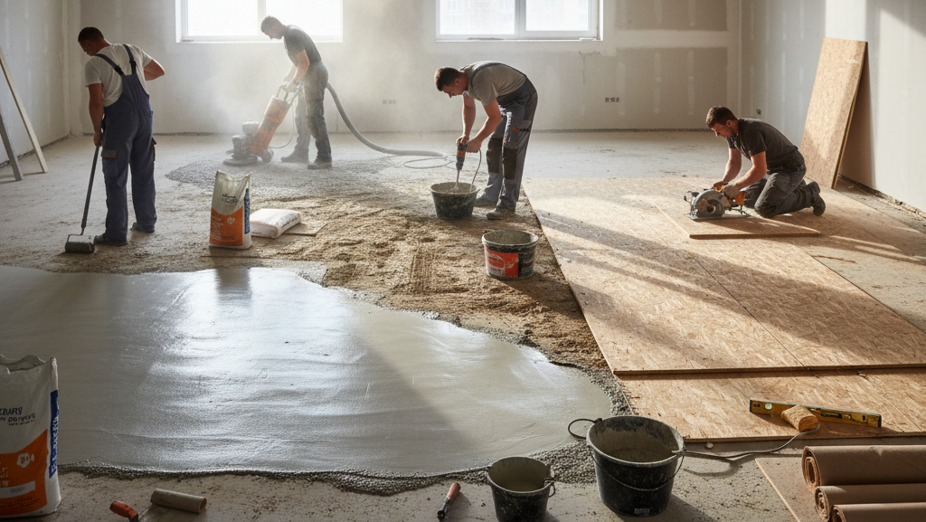 Obraz pokazujący wnętrze pomieszczenia w trakcie remontu, gdzie kilku mężczyzn pracuje nad przygotowaniem podłoża do układania paneli