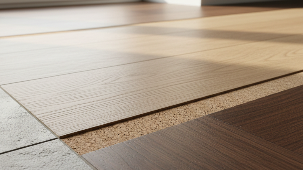 Obraz pokazujący podłogę na której ułożone są różne typy materiałów podłogowych